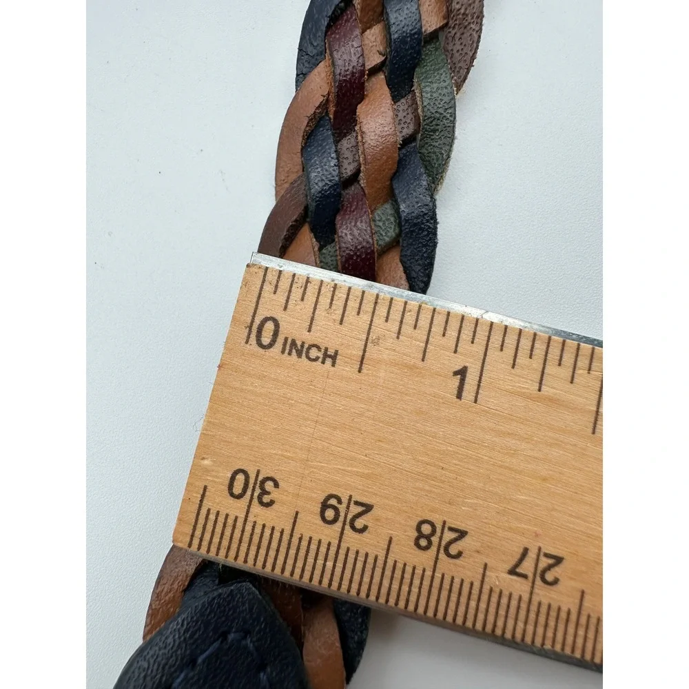Vintage Braided Leather Belt XL Multicolor Brown Navy Western Boho Casual Silver
